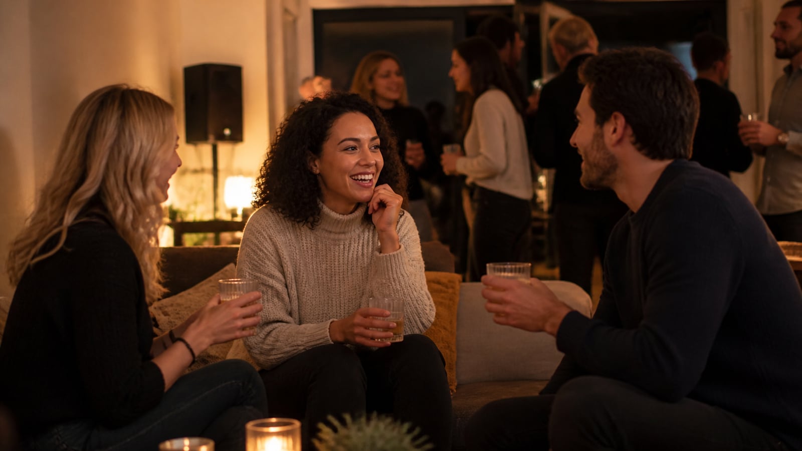 Gasten praten rustig op een verjaardagsfeest met muziek